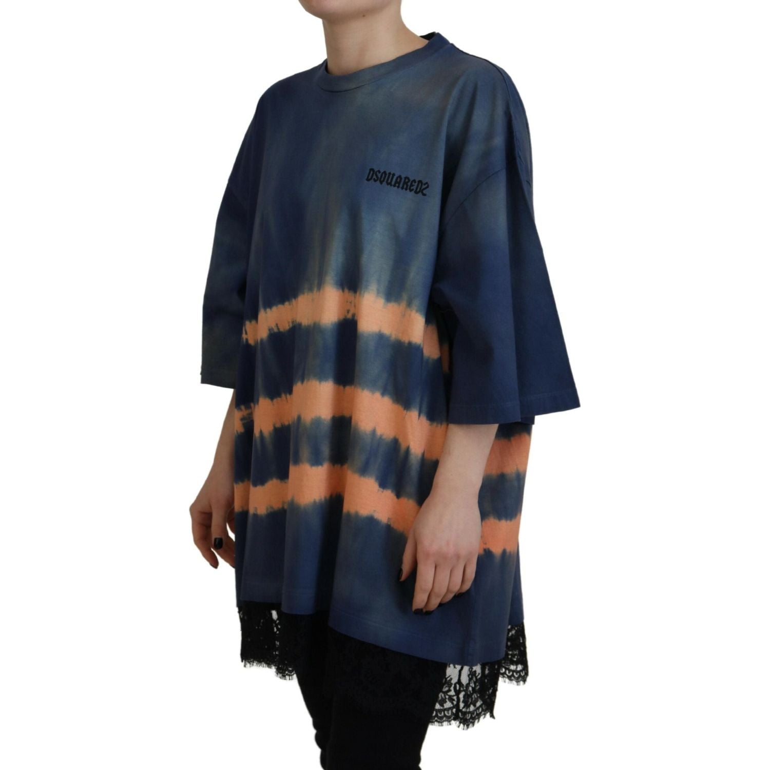 蓝色棉质扎染短袖蕾丝 T 恤