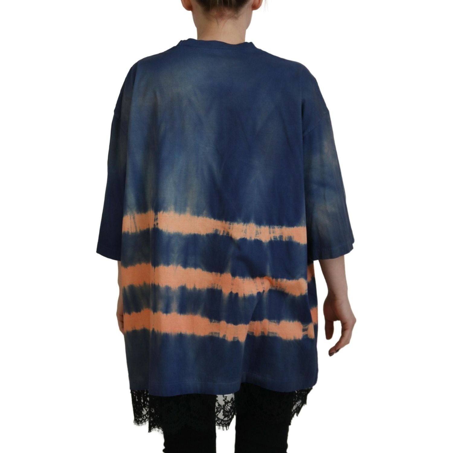 蓝色棉质扎染短袖蕾丝 T 恤