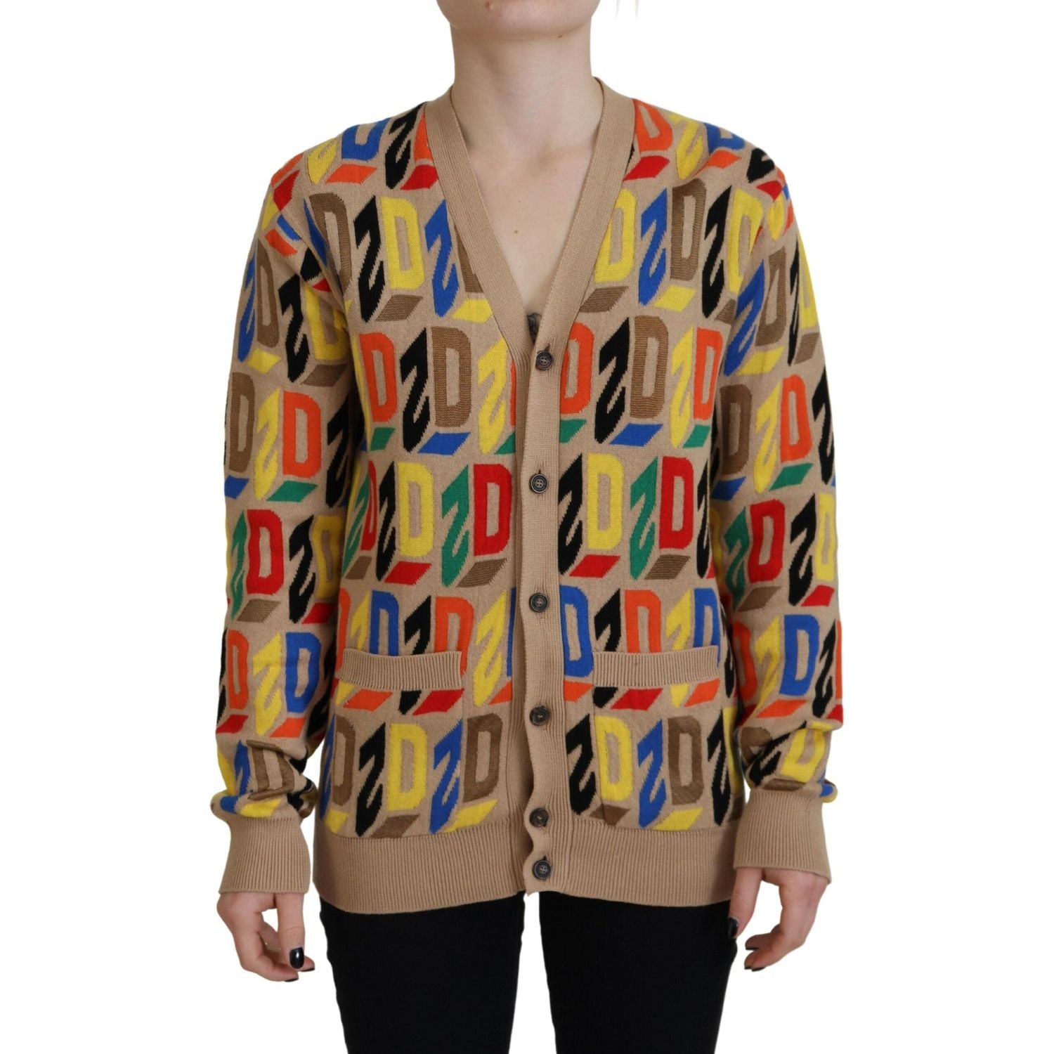 棕色徽标长袖女式开衫