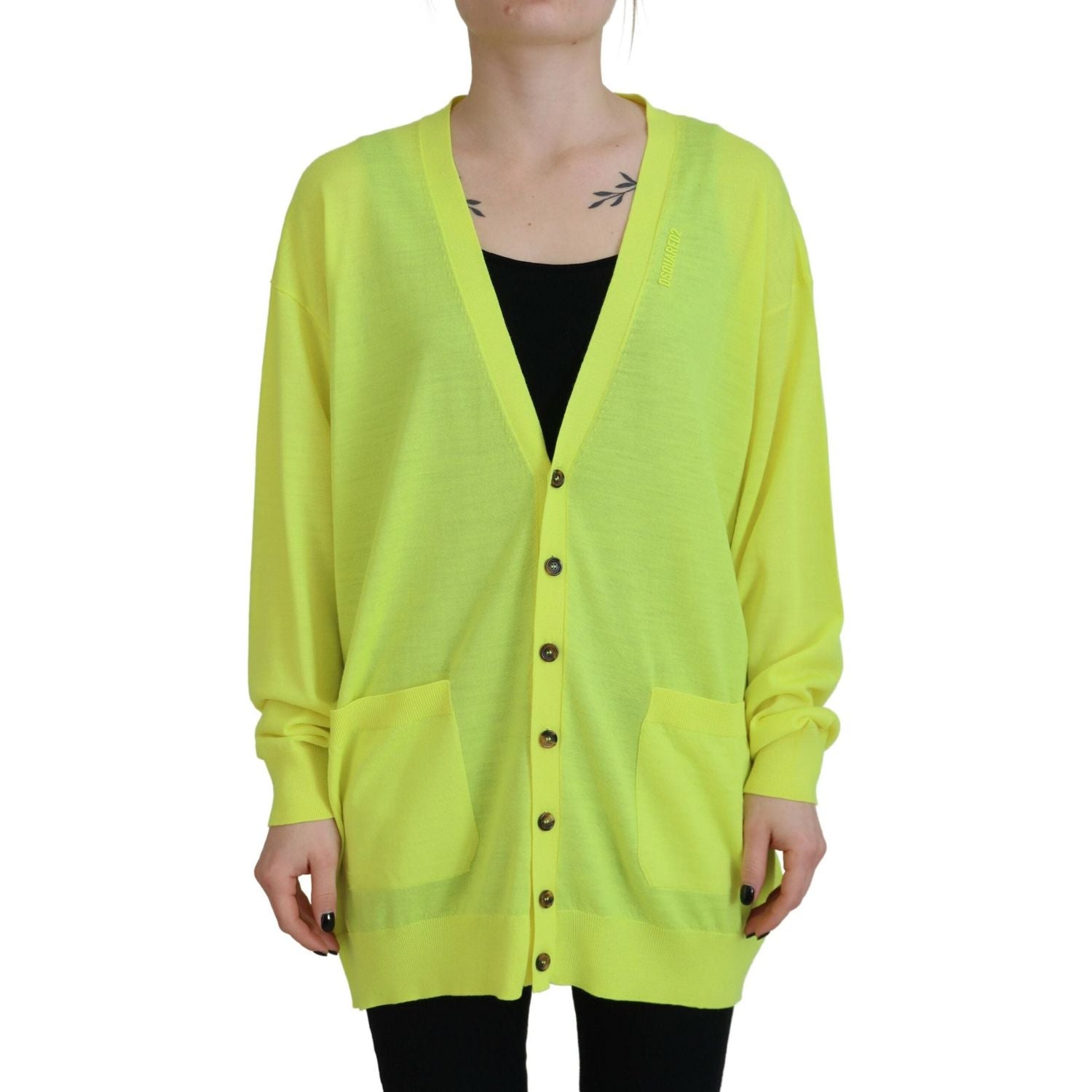 黄色羊毛针织纽扣开衫