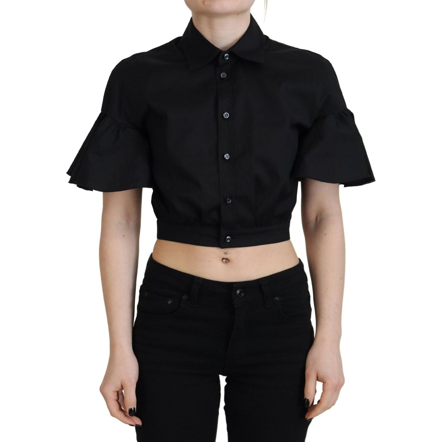 Dsquared² Black Collared Button Down Short Sleeve Cropped Top