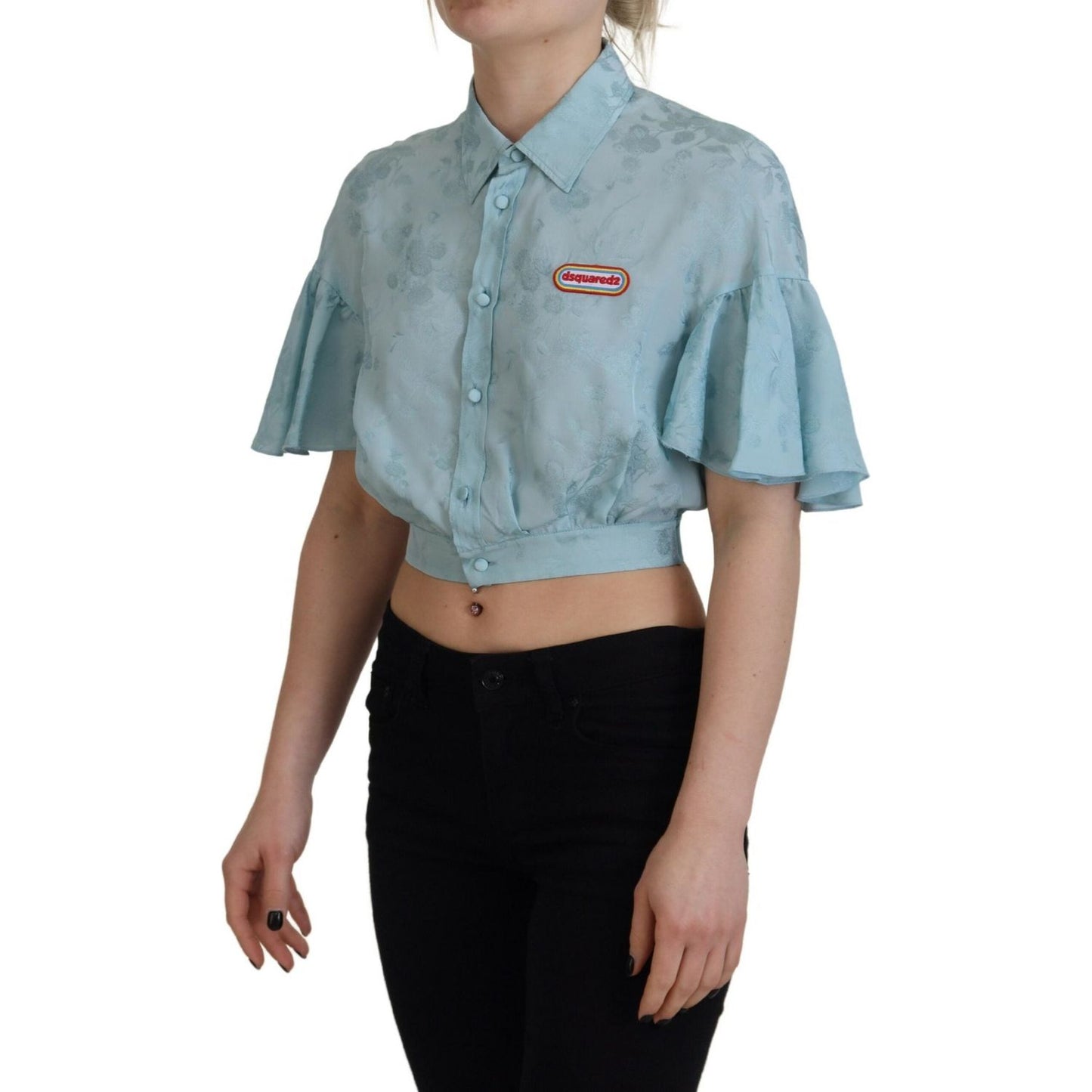 Dsquared² Blue Collared Button Down Short Sleeve Cropped Top Dsquared²