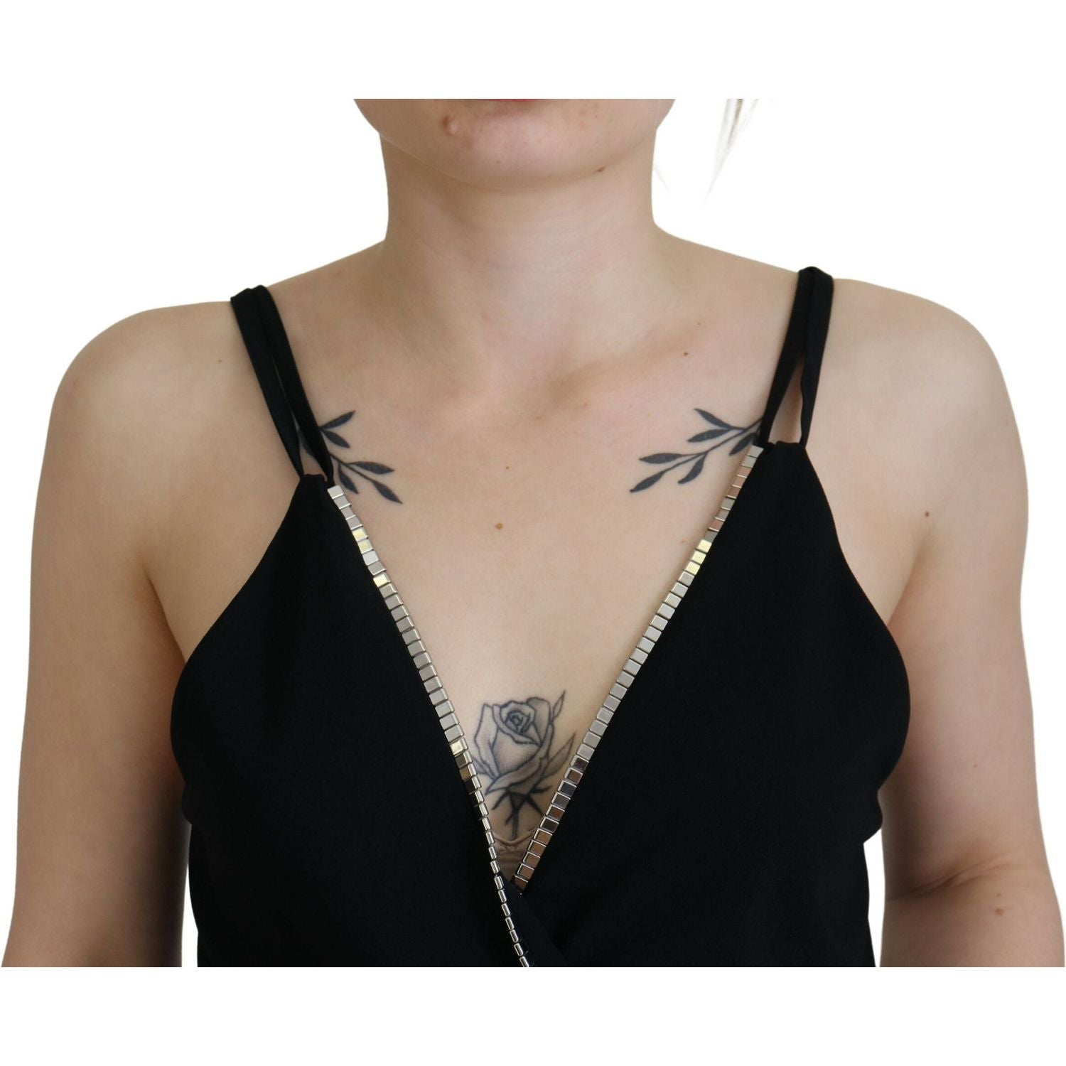 黑色缀饰深 V 领无袖背心