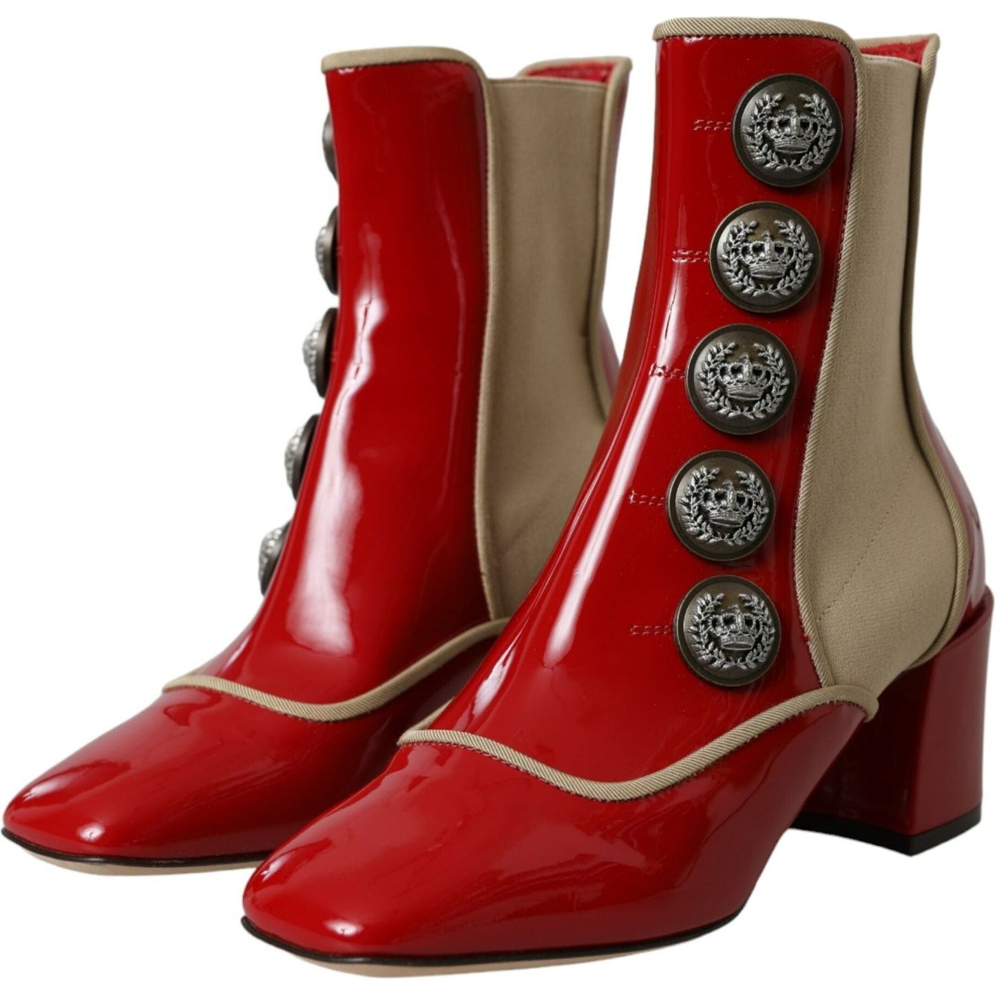 Dolce & Gabbana Red Beige Leather Embellished Mid Calf Boots Shoes Dolce & Gabbana