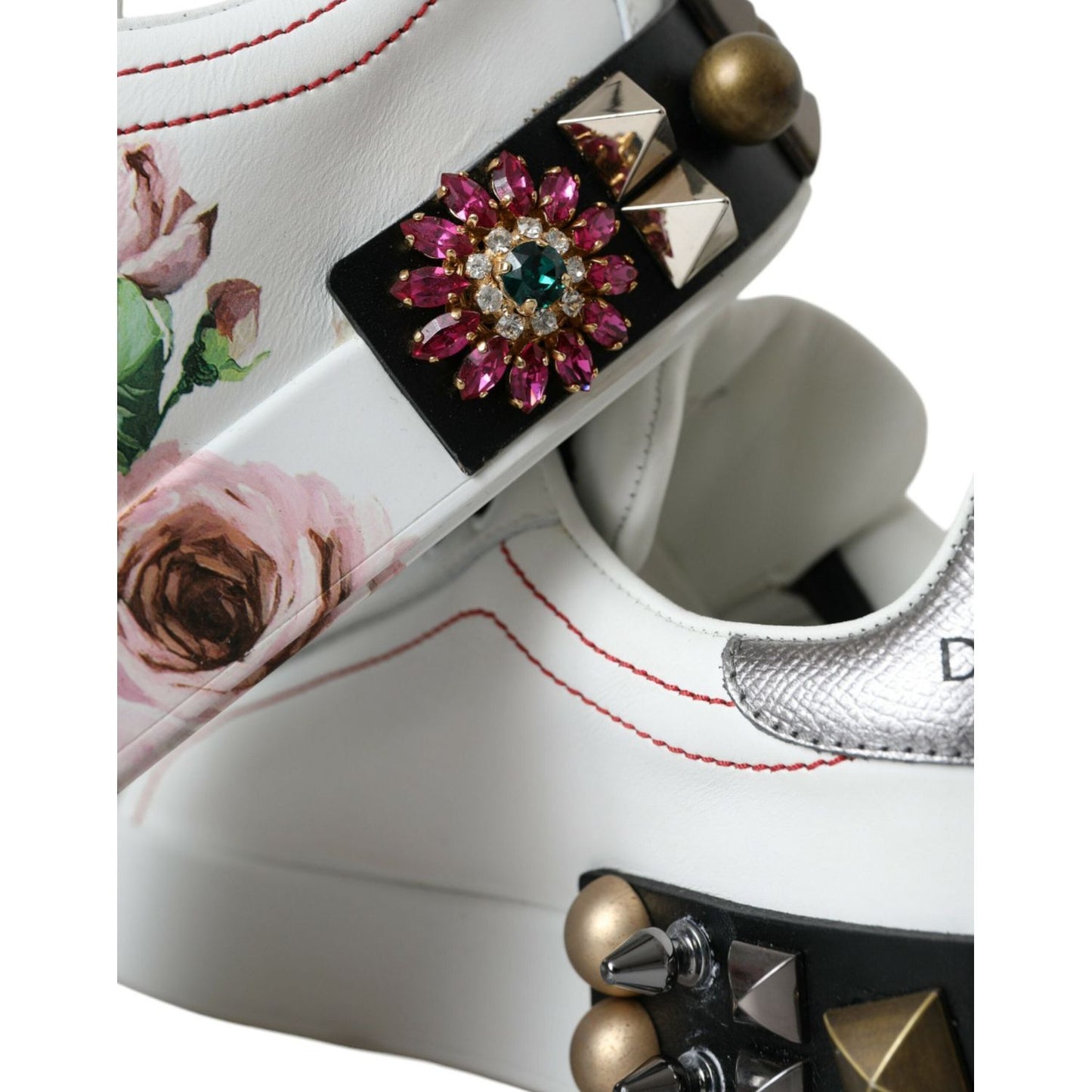 Dolce & Gabbana White Leather Crystal Roses Floral Sneakers Shoes Dolce & Gabbana