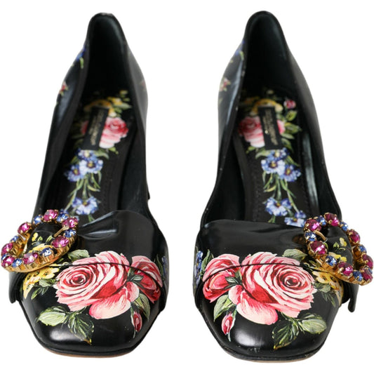 Dolce & Gabbana Black Floral Crystals Leather Pumps Shoes Dolce & Gabbana