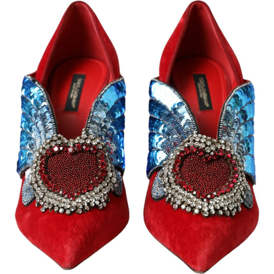 Dolce & Gabbana Red Velvet Sequin Crystal Heels Pumps Shoes Dolce & Gabbana