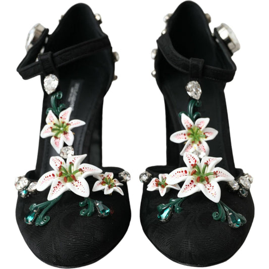 Dolce & Gabbana Black Lilies Crystal Heels Pumps Shoes Dolce & Gabbana