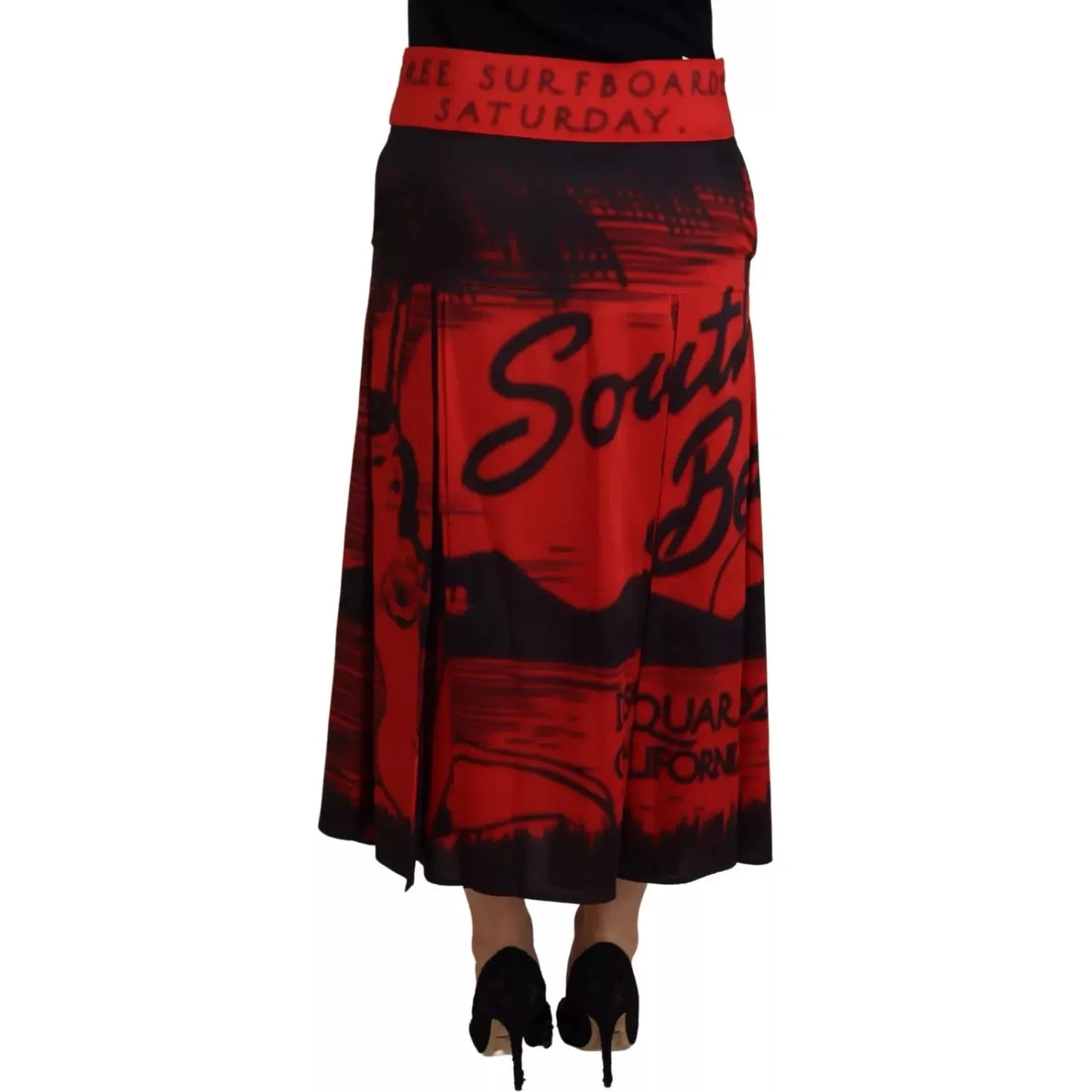 Dsquared² Red Printed High Waist A-line Pleated Midi Skirt Dsquared²