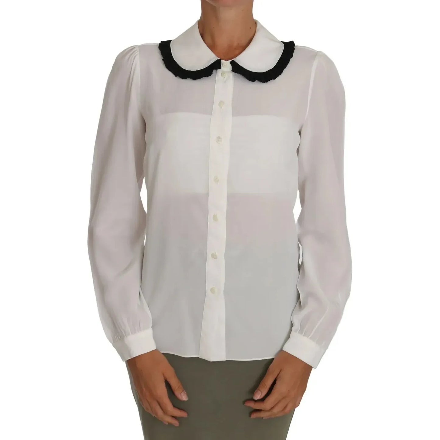 Dolce & Gabbana White Silk Shirt Ruffle Rouded Collar Blouse Dolce & Gabbana