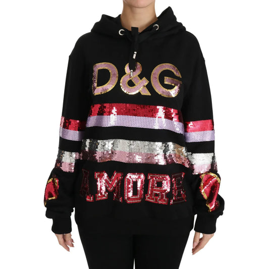 Dolce & Gabbana DG Sequined Hooded Pullover Sweater 100% Cotton,1728,67345645728,Black,Clothing,Dolce & Gabbana,Hoodies - Sweaters - Clothing,IT42|M,Preowned / Defect,Sweaters - Clothing,Sweaters - Women - Clothing,Women