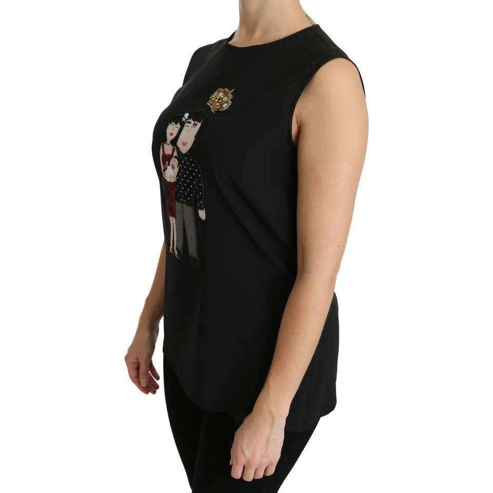 Dolce & Gabbana Black Silk DG Family Crystal Sleeveless Top Dolce & Gabbana