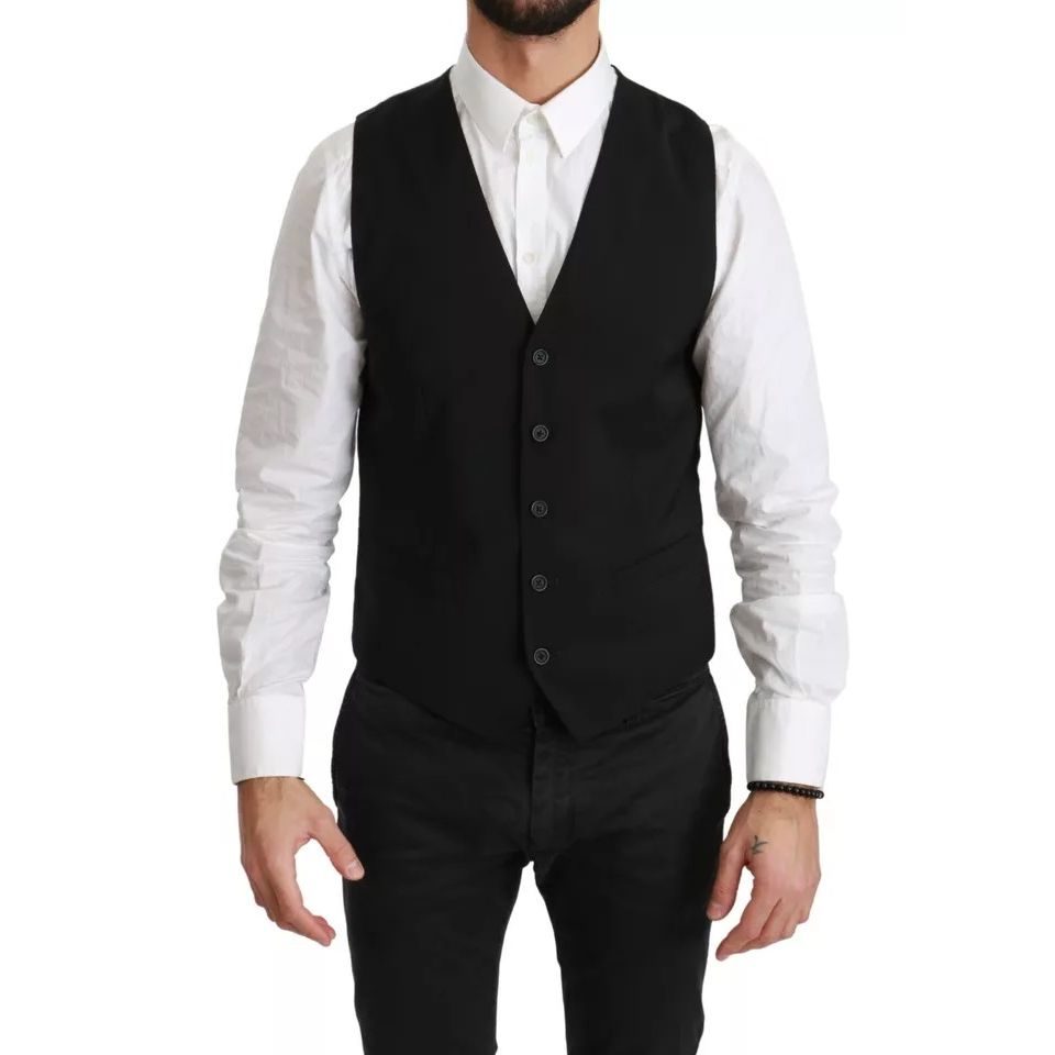 Dolce & Gabbana Black Wool Stretch Waistcoat Formal Dress Vest