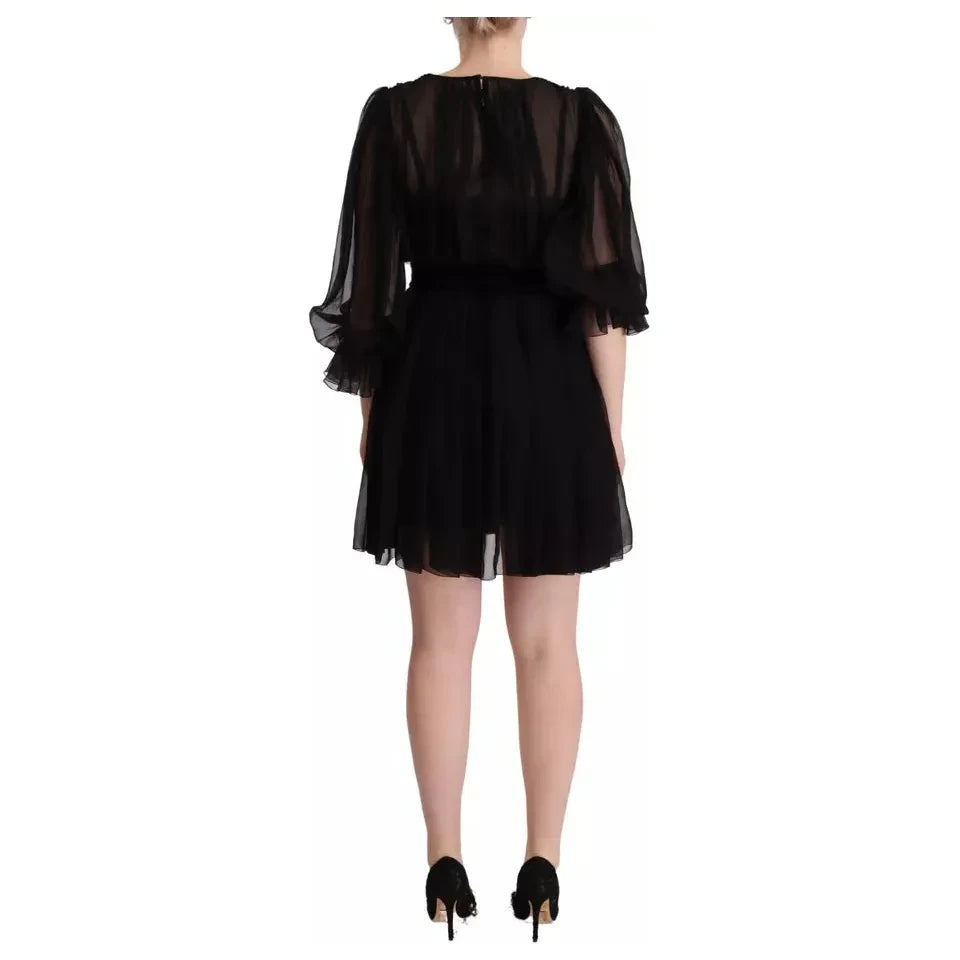 Dolce & Gabbana Black V-neck Long Sleeves Mini A-line Dress Dolce & Gabbana