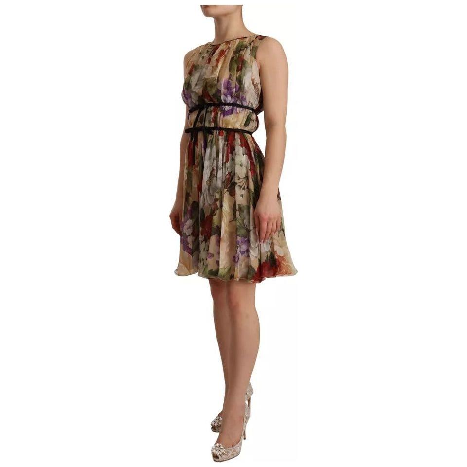 Dolce & Gabbana Beige Floral Sleeveless Round Neck Mini Dress Dolce & Gabbana