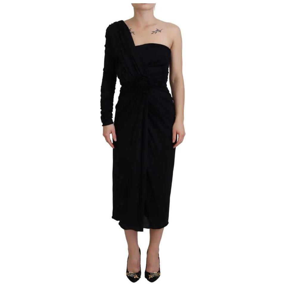 Dolce & Gabbana Black Wrap Sheath One Shoulder Wool Dress Dolce & Gabbana