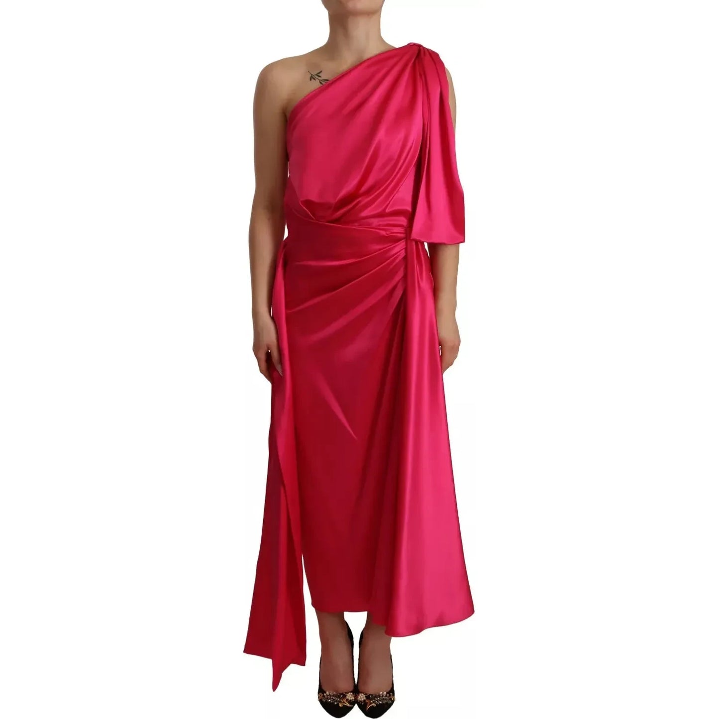 Dolce & Gabbana Silk Pink Fitted Cut One Shoulder Midi Dress Dolce & Gabbana