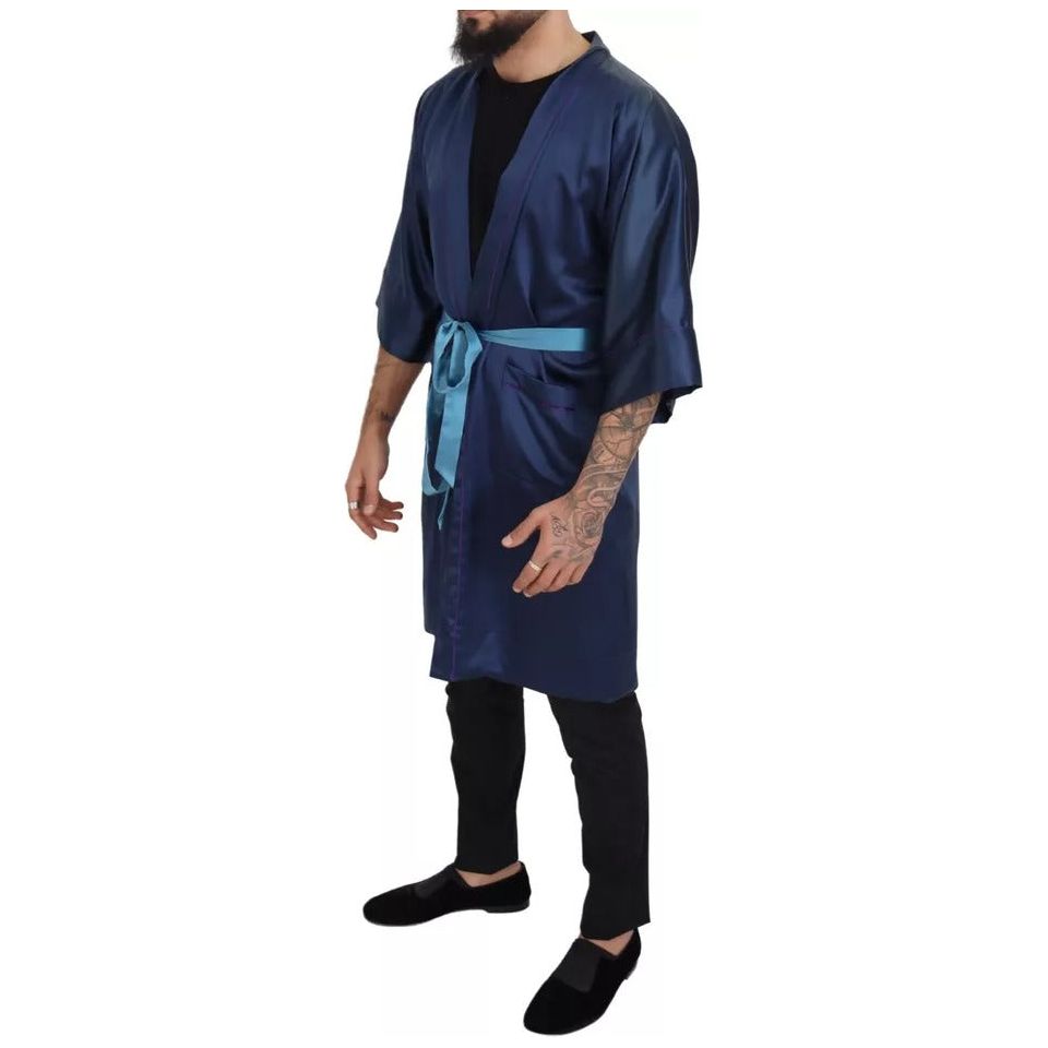 Dolce & Gabbana Blue Satin Silk Waist Belt Robe Jacket Dolce & Gabbana