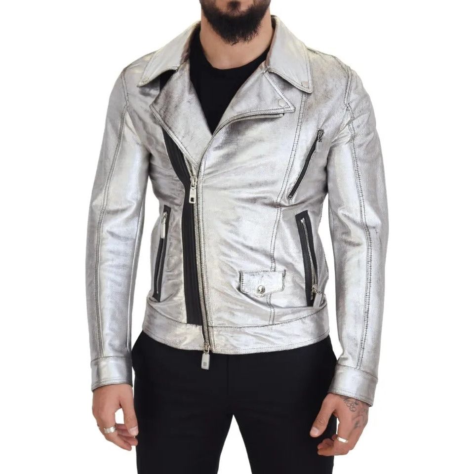 Dolce & Gabbana Silver Leather Biker Coat Lambskin Jacket Dolce & Gabbana