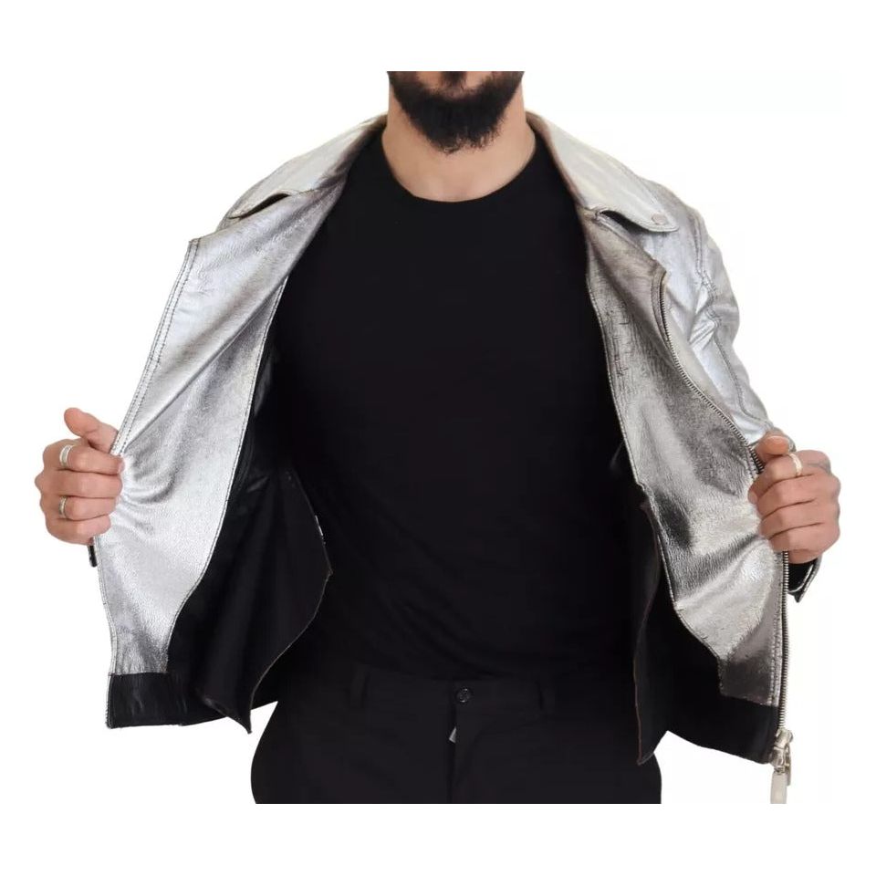 Dolce & Gabbana Silver Leather Biker Coat Lambskin Jacket Dolce & Gabbana