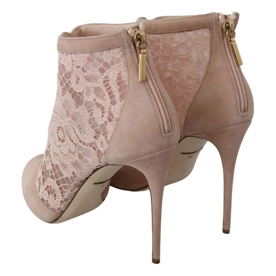 Dolce & Gabbana Beige Lace Suede Peep Toe Ankle Boots Shoes Dolce & Gabbana