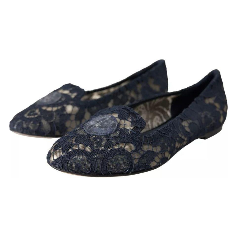 Dolce & Gabbana Dark Blue Taormina Lace Slip On Flats Shoes Dolce & Gabbana