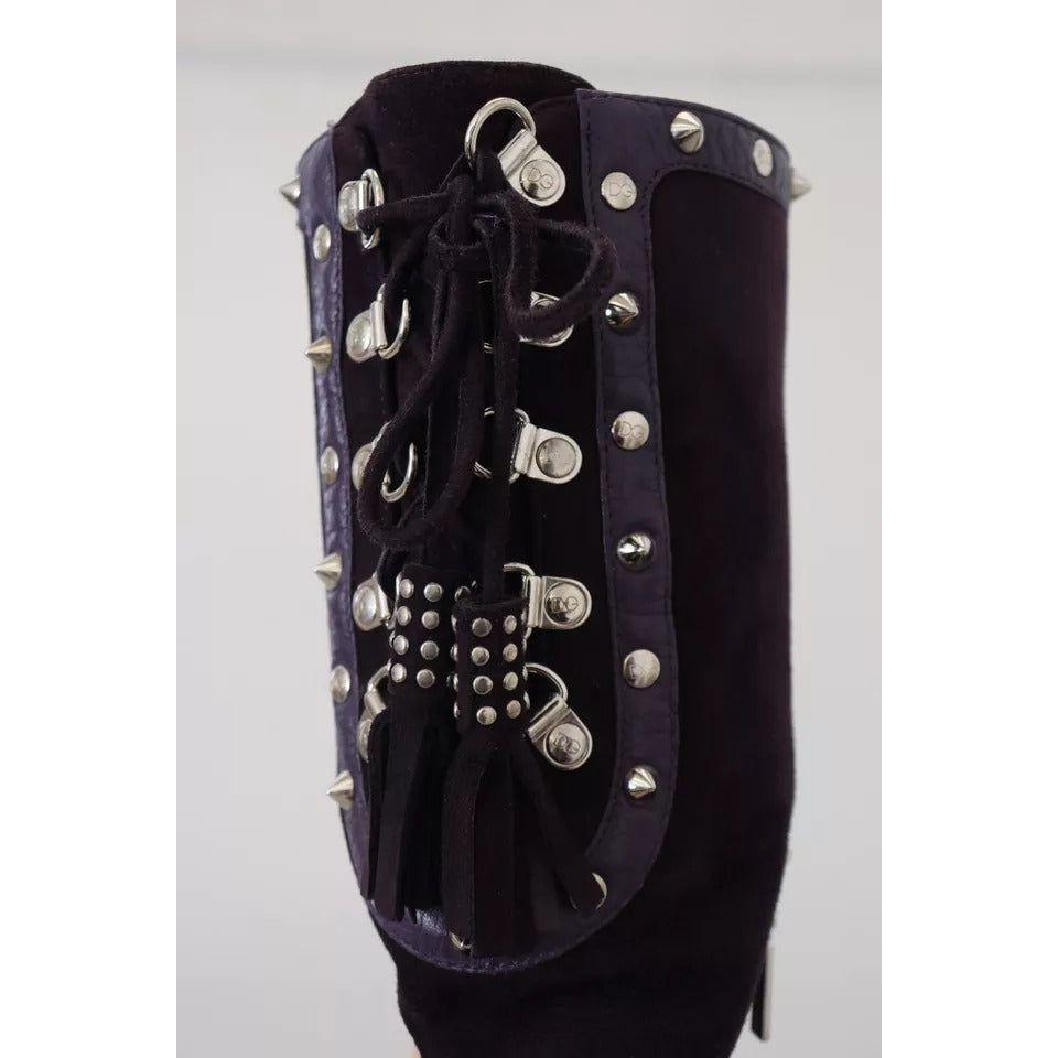 Dolce & Gabbana Purple Suede Leather Studded High Boots Shoes Dolce & Gabbana