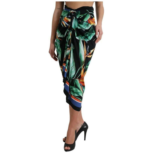 Dolce & Gabbana Black Strelitzia High Waist Wrap Midi Skirt Dolce & Gabbana