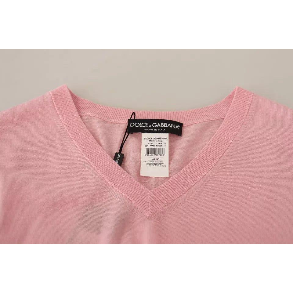 Dolce & Gabbana Pink V-neck Women Pullover Cashmere Sweater Dolce & Gabbana