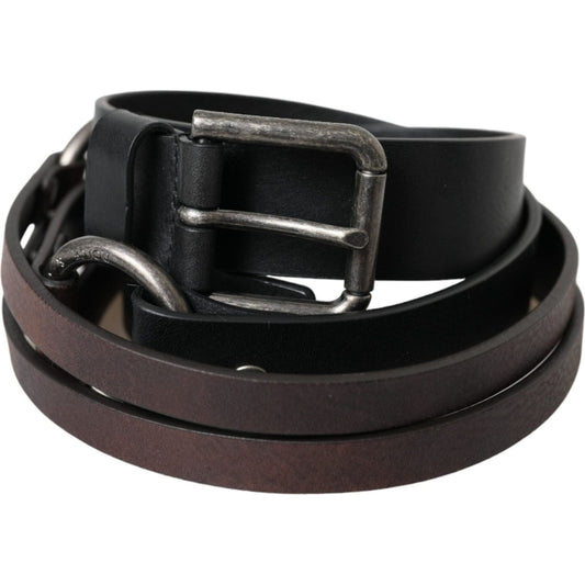 Dolce & Gabbana Black Brown Leather Silver Metal Buckle Belt Dolce & Gabbana