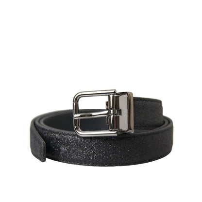 Dolce & Gabbana Black Glittered Leather Silver Buckle Belt