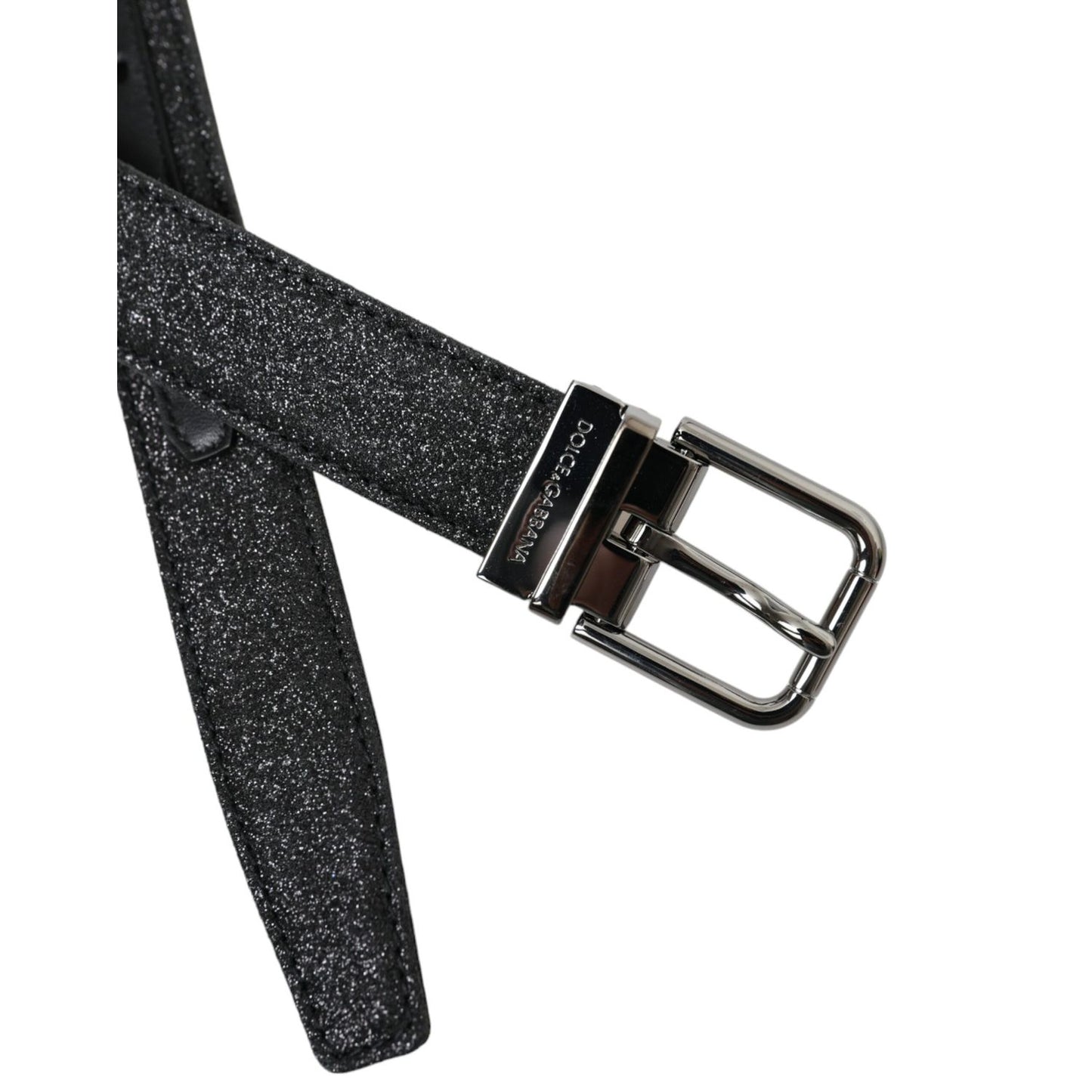 Dolce & Gabbana Black Glittered Leather Silver Buckle Belt