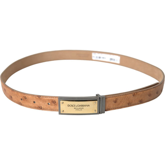 Beige Leather Gold Logo Engraved Buckle Belt