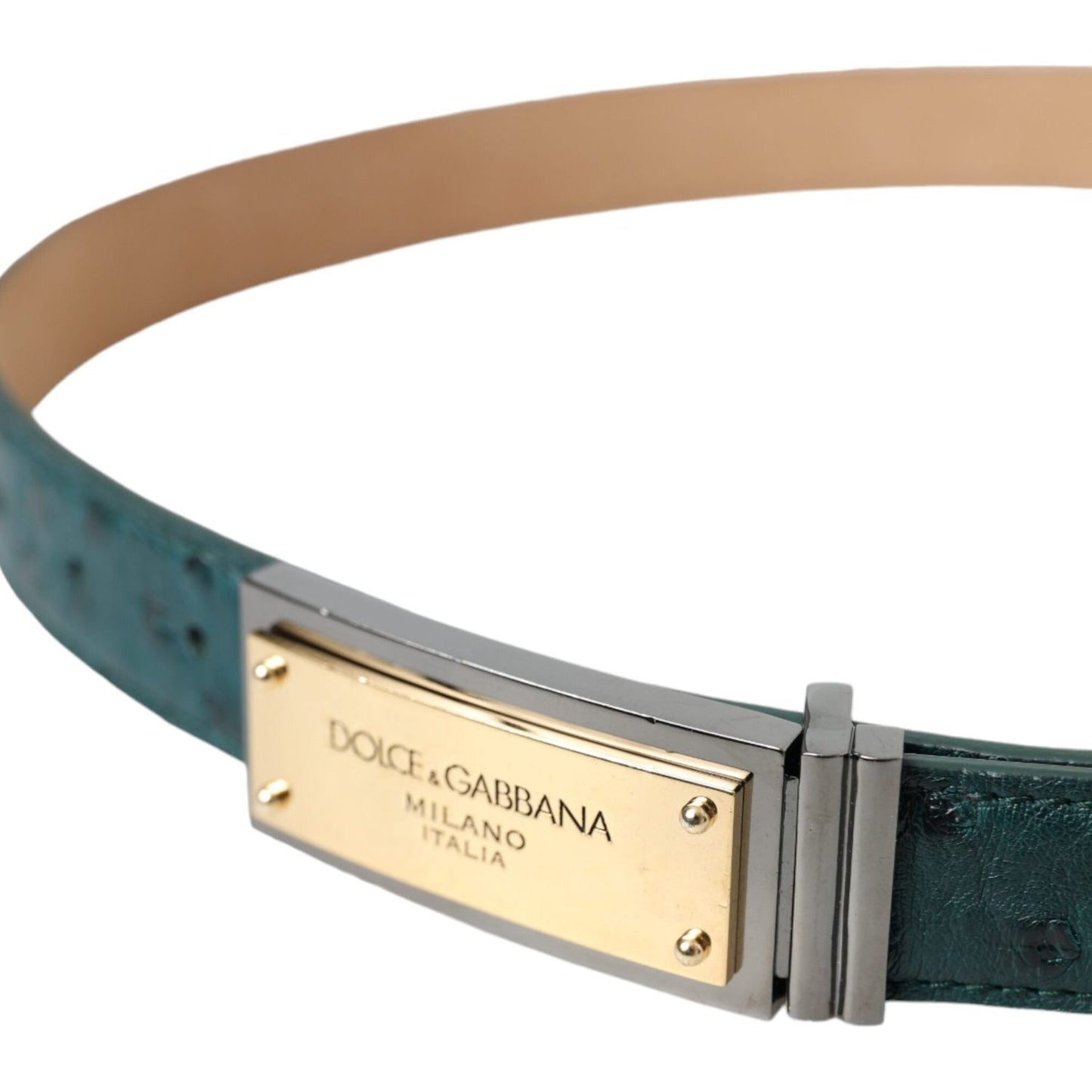 Dolce & Gabbana Green Leather Gold Logo Engraved Buckle Belt Dolce & Gabbana