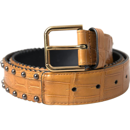 Beige Alligator Leather Studded Metal Buckle Belt