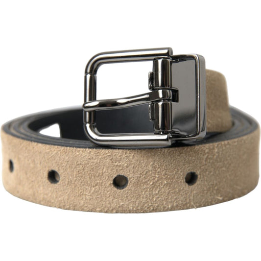 Dolce & Gabbana Beige Suede Leather Silver Metal Buckle Belt Dolce & Gabbana