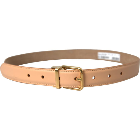 Beige Calfskin Leather Gold Metal Buckle Belt