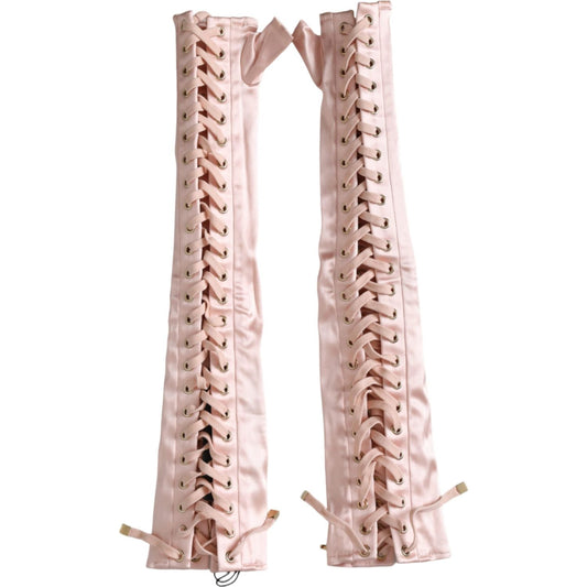 Pink Acetate Lace Up Fingerless Gloves