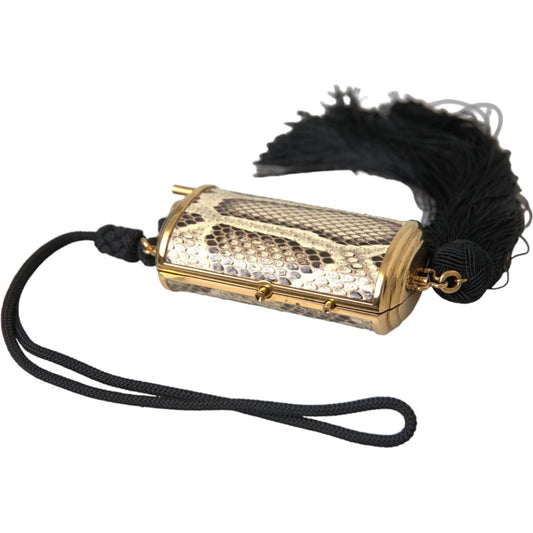 Beige Exotic Leather Mini Mirror Tassel Make Up Holder Bag