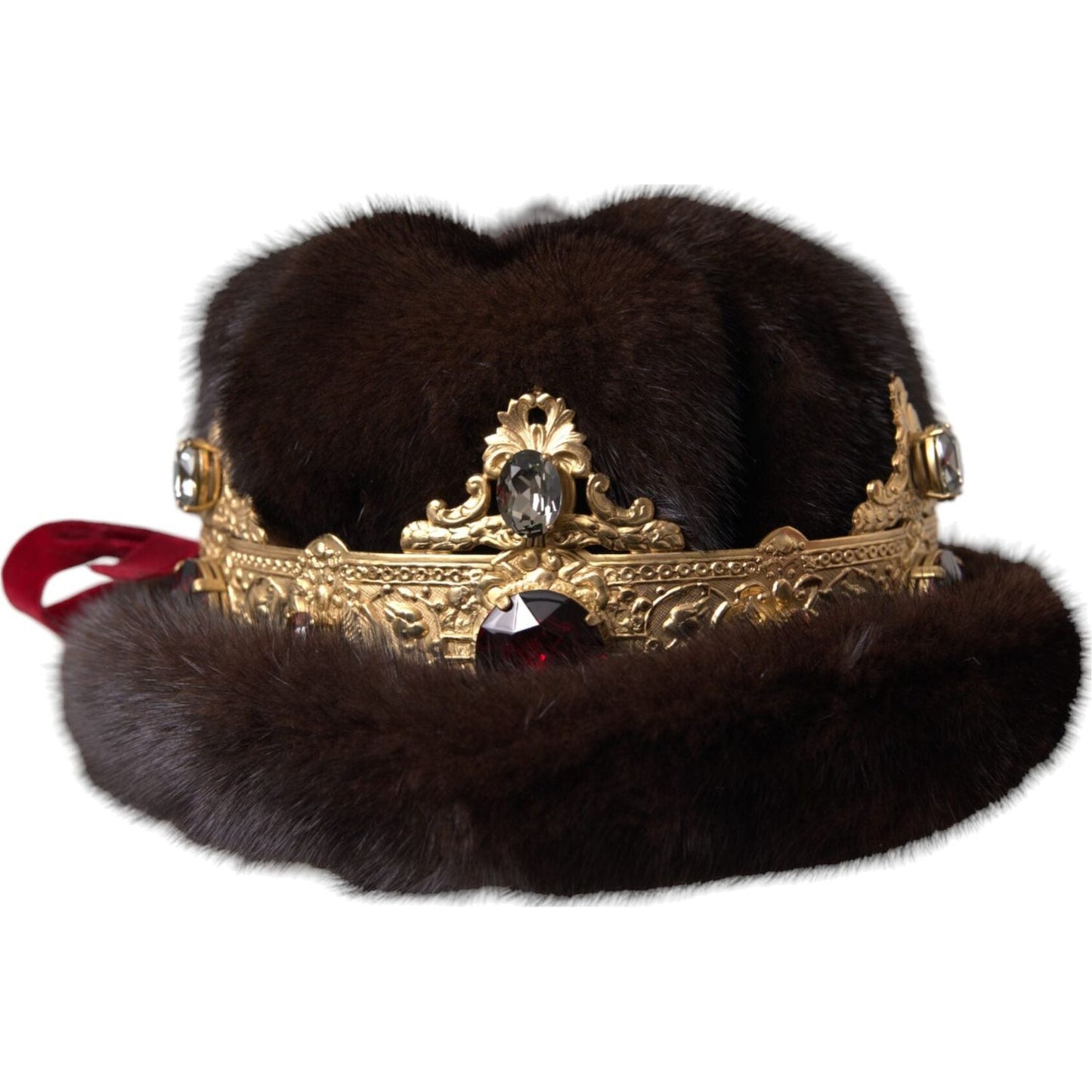 Dolce & Gabbana Dark Brown Mink Fur Gold Crystal Crown Hat Dolce & Gabbana