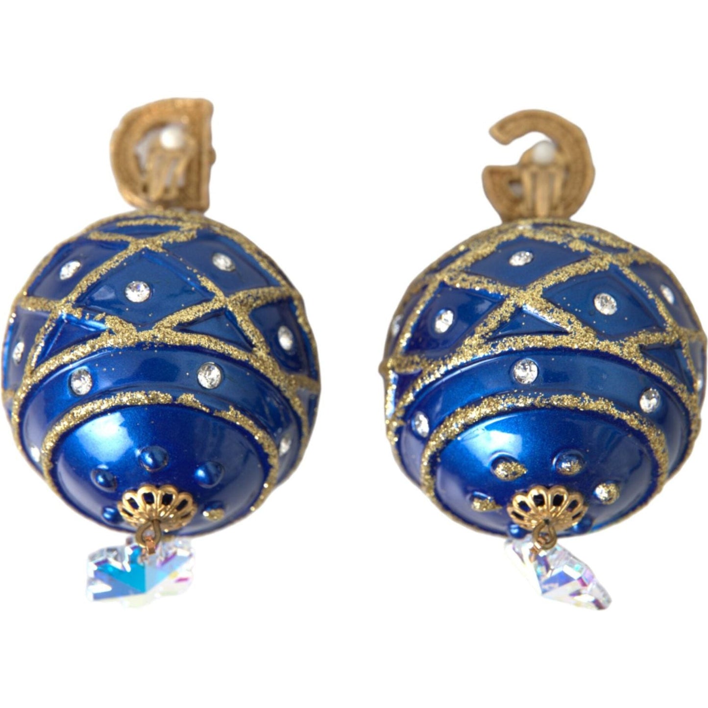 Dolce & Gabbana Gold Brass Blue Dangle Christmas Ball Crystal Clip On Earrings Earrings