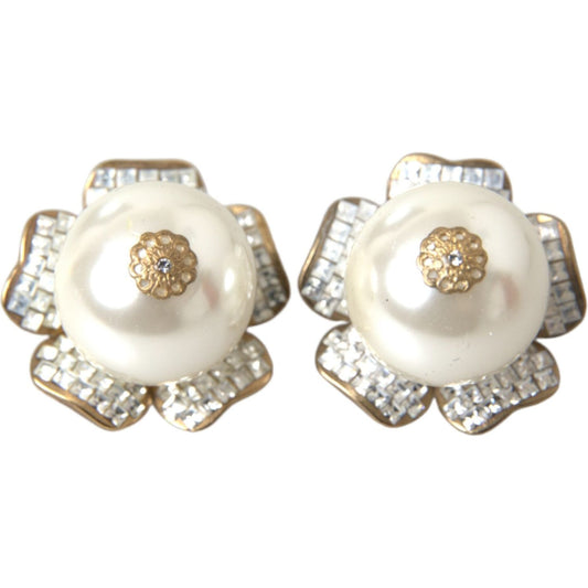 Gold Tone Maxi Faux Pearl Floral Clip-on Jewelry Earrings