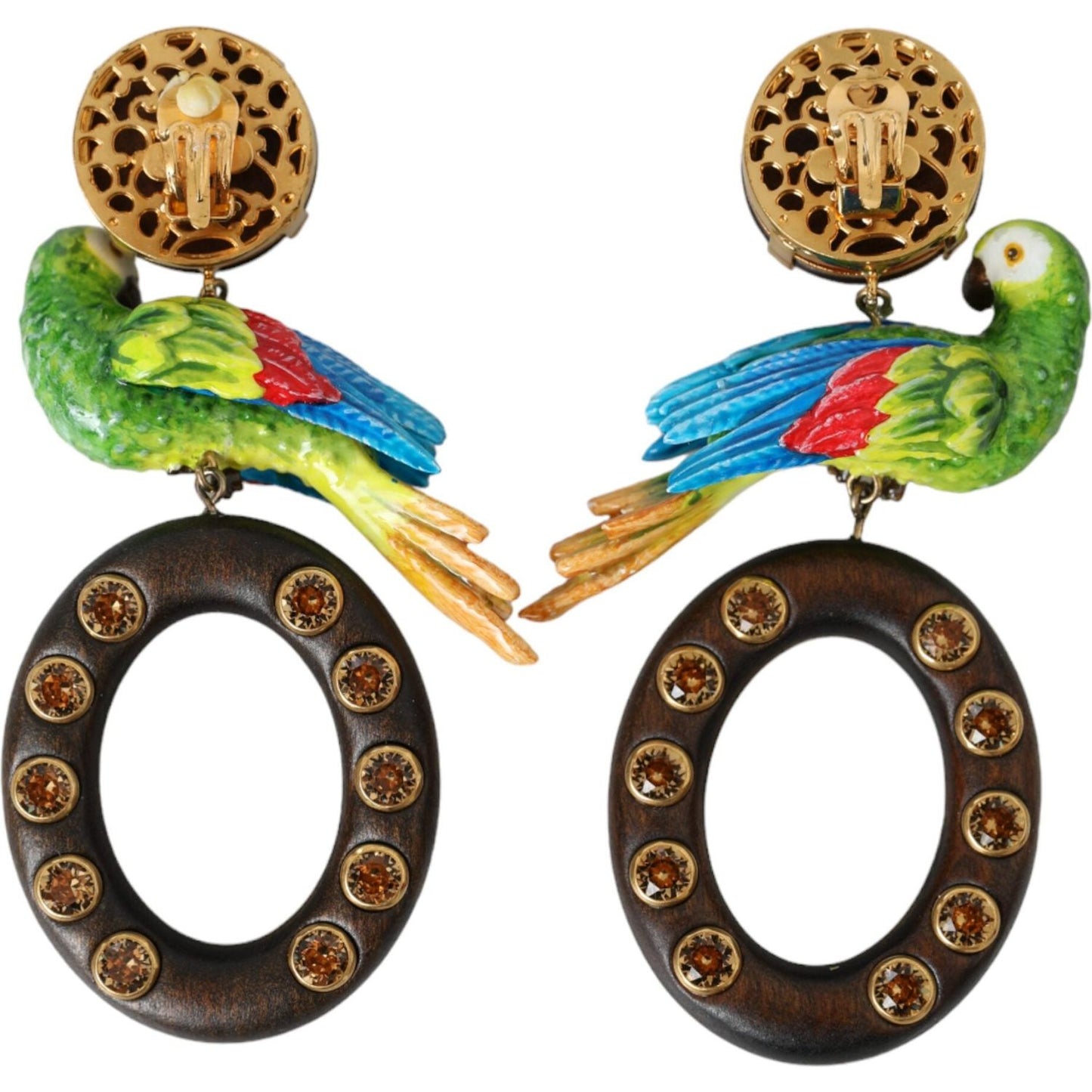 Dolce & Gabbana Multicolor Parrot Wood Brass Crystal Embellished Earring Dolce & Gabbana