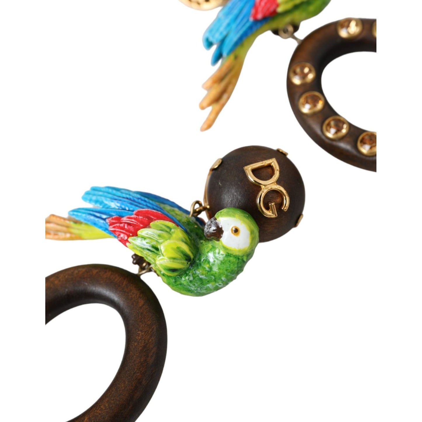 Dolce & Gabbana Multicolor Parrot Wood Brass Crystal Embellished Earring Dolce & Gabbana