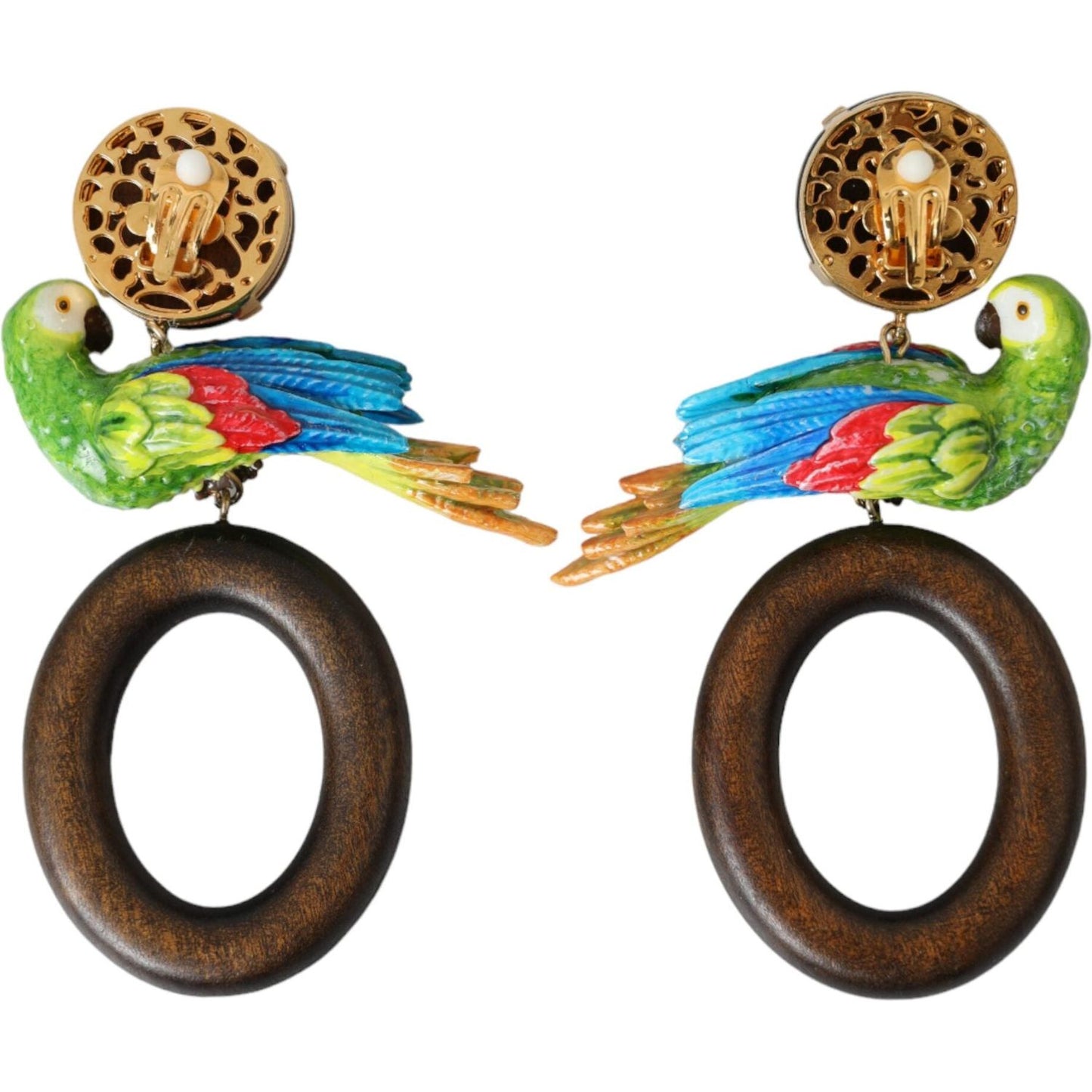 Dolce & Gabbana Multicolor Parrot Wood Brass Crystal Embellished Earrings Earrings Dolce & Gabbana