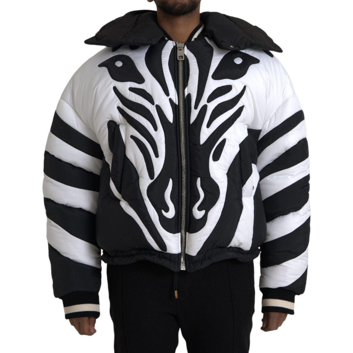 Dolce & Gabbana Black White Stripes Hooded Puffer Jacket Dolce & Gabbana