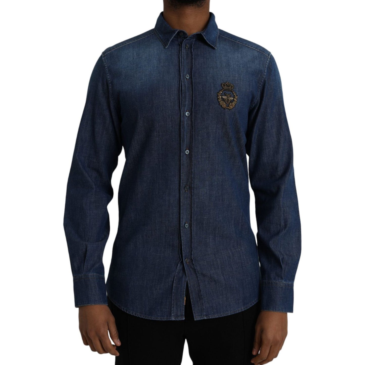 Dolce & Gabbana Blue Crown Bee Cotton Denim GOLD Shirt Dolce & Gabbana