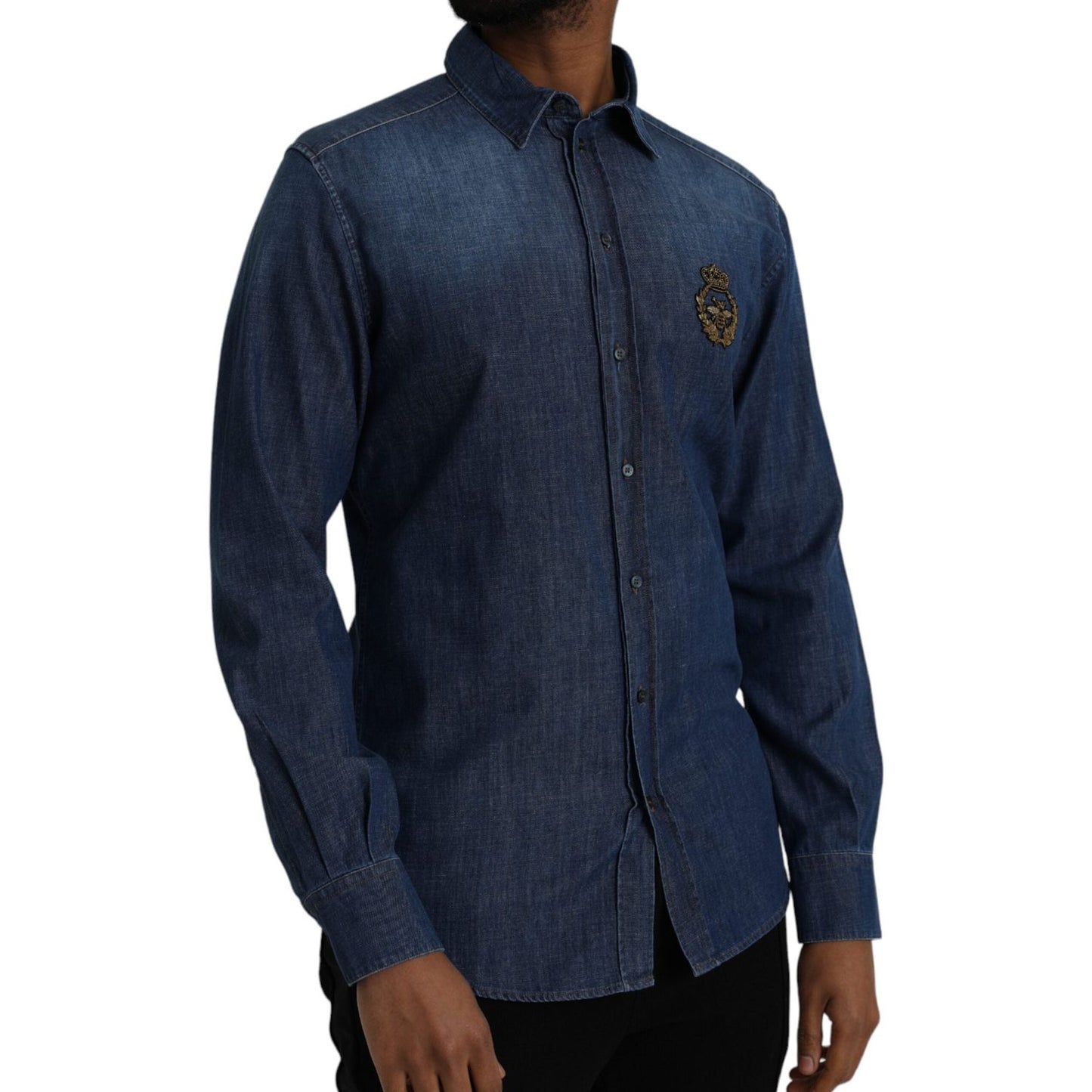 Dolce & Gabbana Blue Crown Bee Cotton Denim GOLD Shirt Dolce & Gabbana