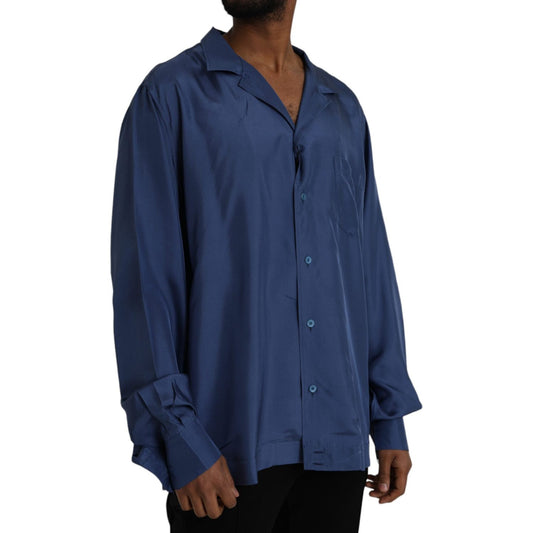 Blue Silk Long Sleeve Lounge Casual Shirt