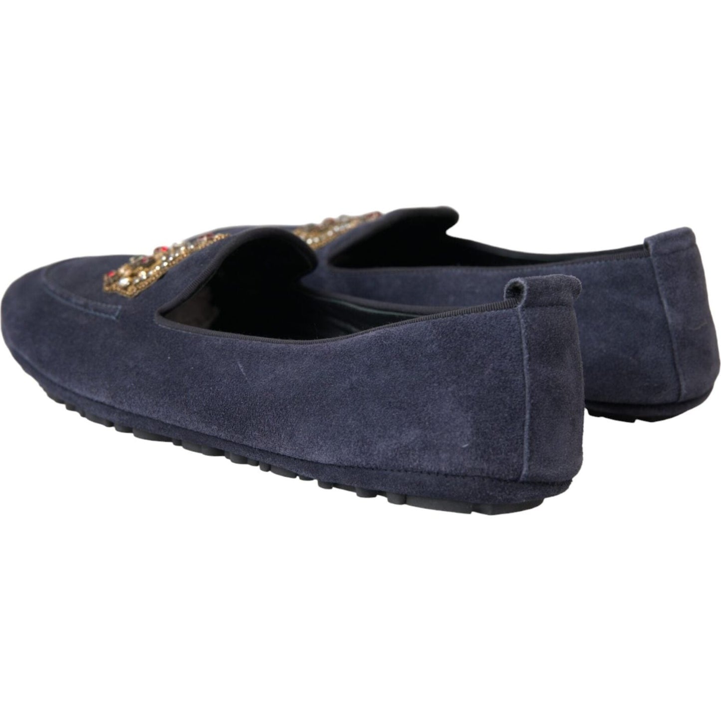 Dolce & Gabbana Blue Leather Suede Crystal Crown Loafers Shoes Dolce & Gabbana